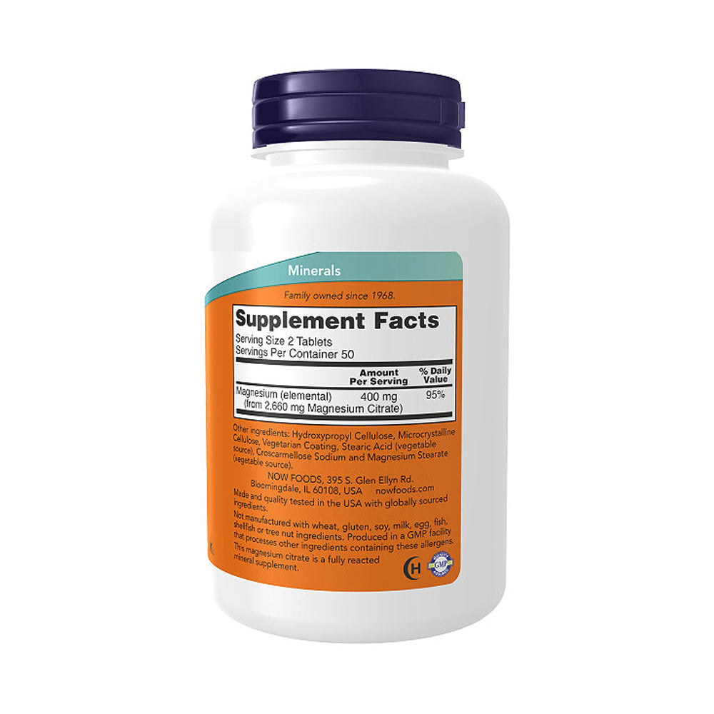 NOW Supplements, Magnesium Citrate 200 mg, Enzyme Function*, Nervous System Support*, 100 Tablets - Bloom Concept