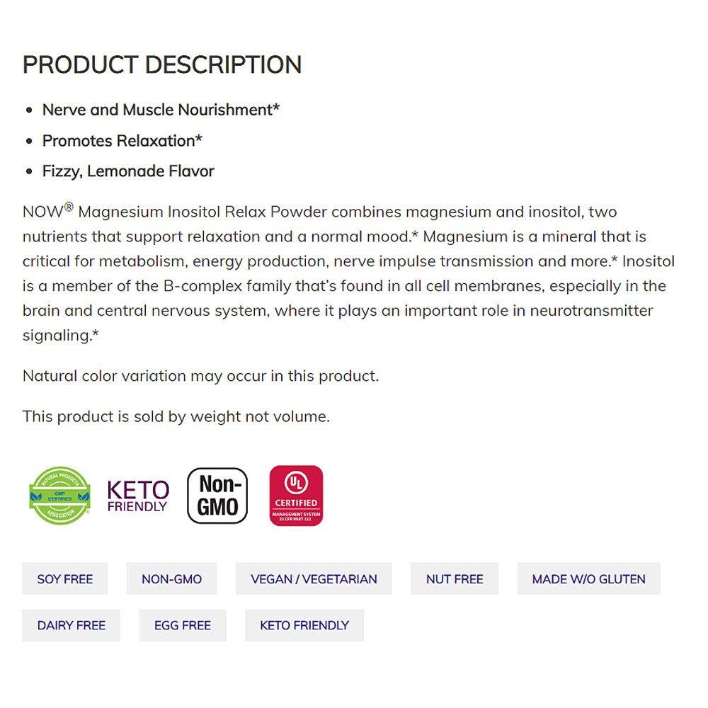 NOW Supplements, Magnesium Inositol Relax, Nervous System Support*, Fizzy Lemonade Flavor, 16-Ounce (454 g) - Bloom Concept
