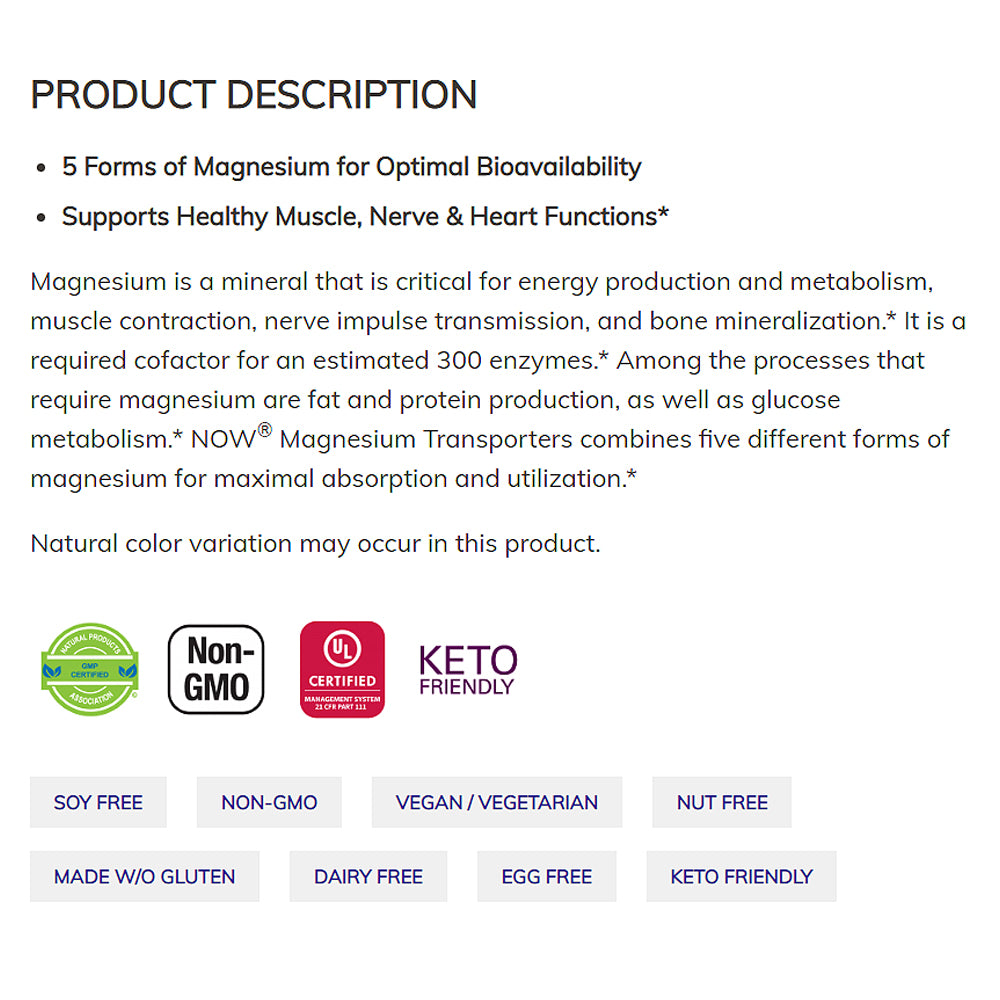 NOW Supplements, Magnesium Transporters with 5 Forms of Magnesium for Optimal Bioavailability, 180 Veg Capsules - Bloom Concept