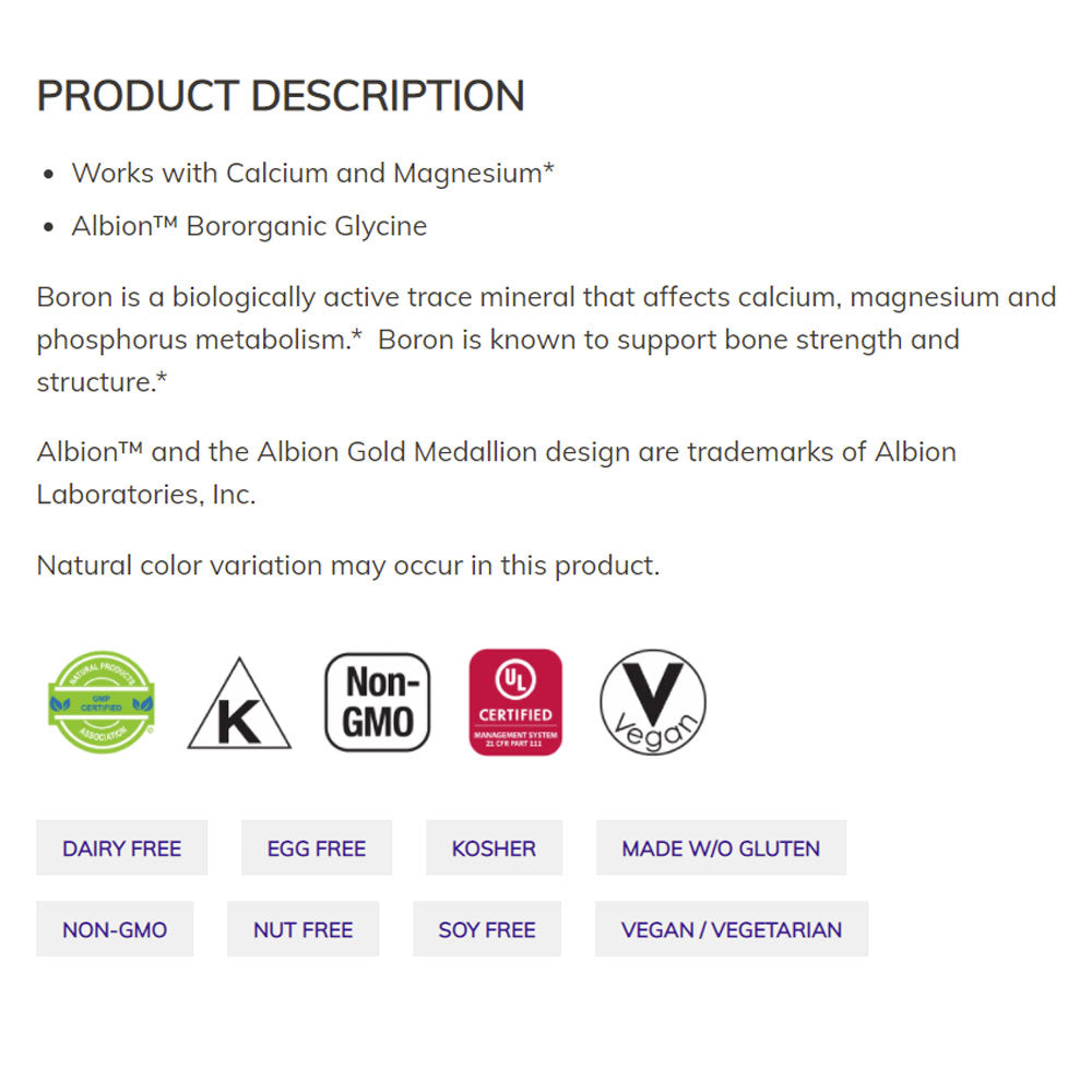 NOW Supplements, Boron 3 mg (Bororganic Glycine), Structural Support*, 100 Veg Capsules - Bloom Concept