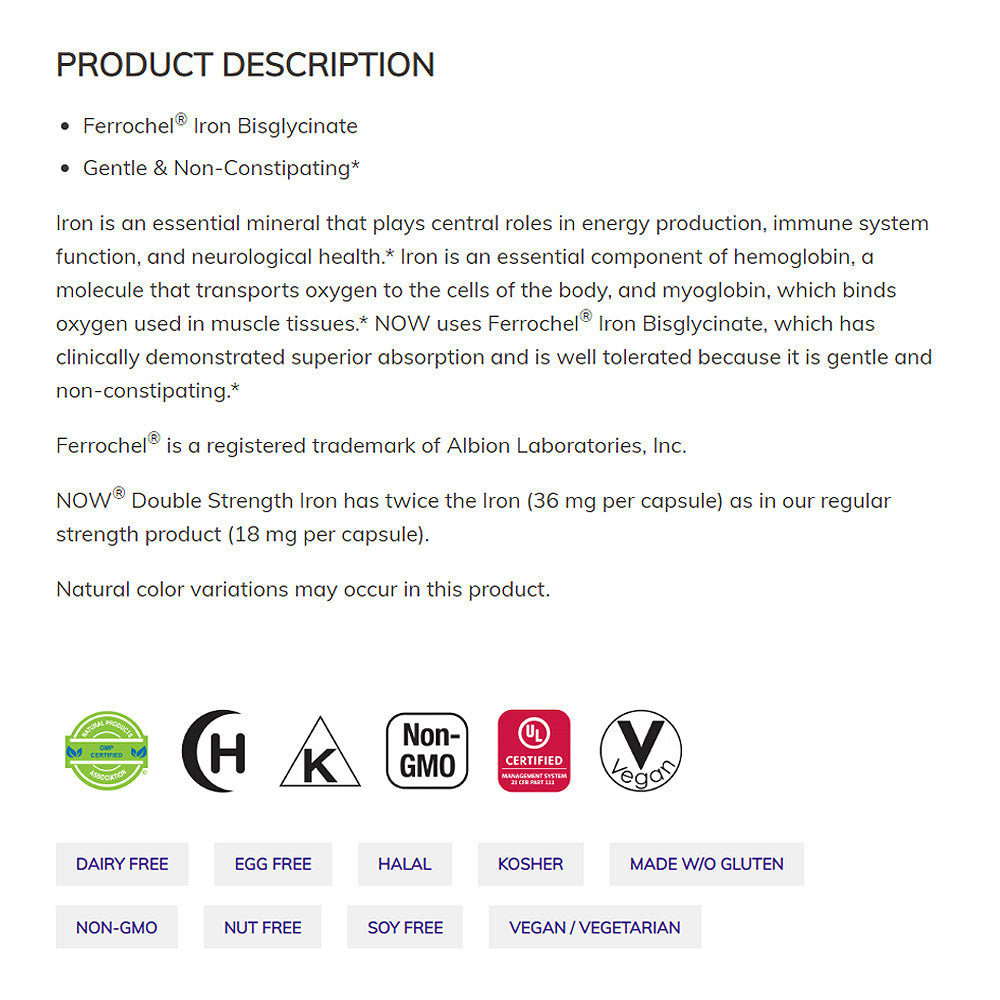 NOW Supplements, Iron 36 mg, Double Strength, Non-Constipating*, Essential Mineral, 90 Veg Capsules - Bloom Concept
