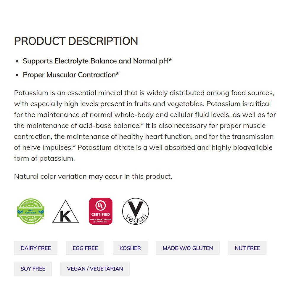 NOW Supplements, Potassium Citrate 99 mg, Supports Electrolyte Balance and Normal pH*, Essential Mineral, 180 Veg Capsules - Bloom Concept