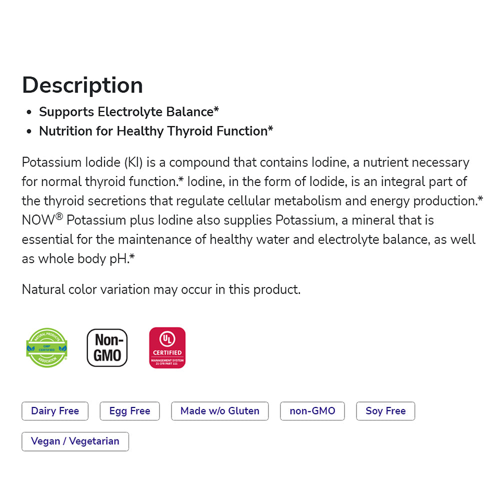 NOW Supplements, Potassium plus Iodine, Supports Electrolyte Balance*, Thyroid Support*, 180 Tablets - Bloom Concept