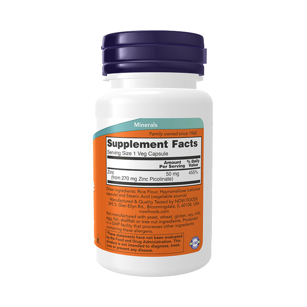 NOW Supplements, Zinc Picolinate 50 mg, Supports Enzyme Functions*, Immune Support*, 60 Veg Capsules - Bloom Concept