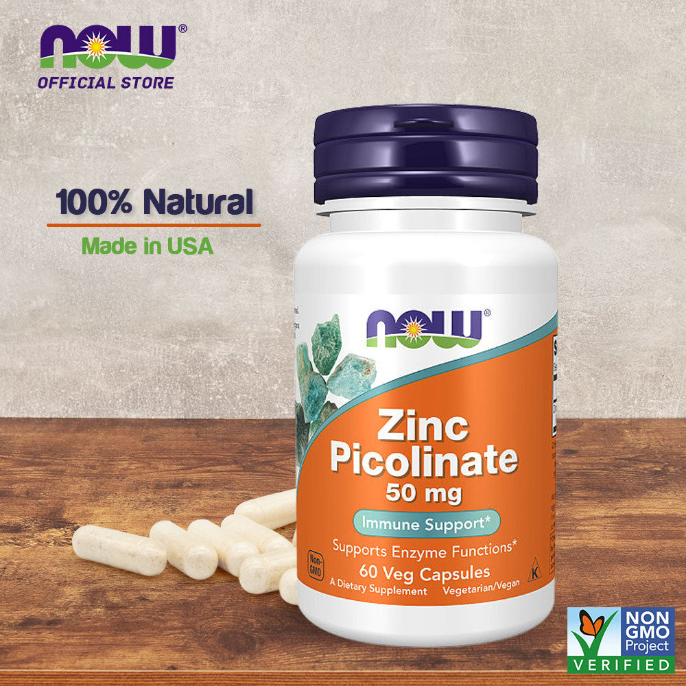 NOW Supplements, Zinc Picolinate 50 mg, Supports Enzyme Functions*, Immune Support*, 60 Veg Capsules - Bloom Concept