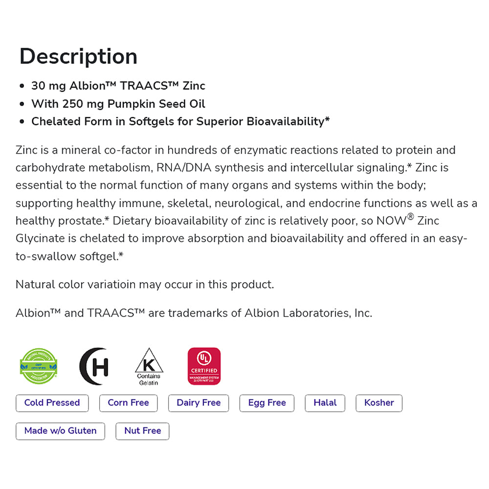 NOW Supplements, Zinc Glycinate with 250 mg Pumpkin Seed Oil, Supports Prostate Health*, 120 Softgels - Bloom Concept