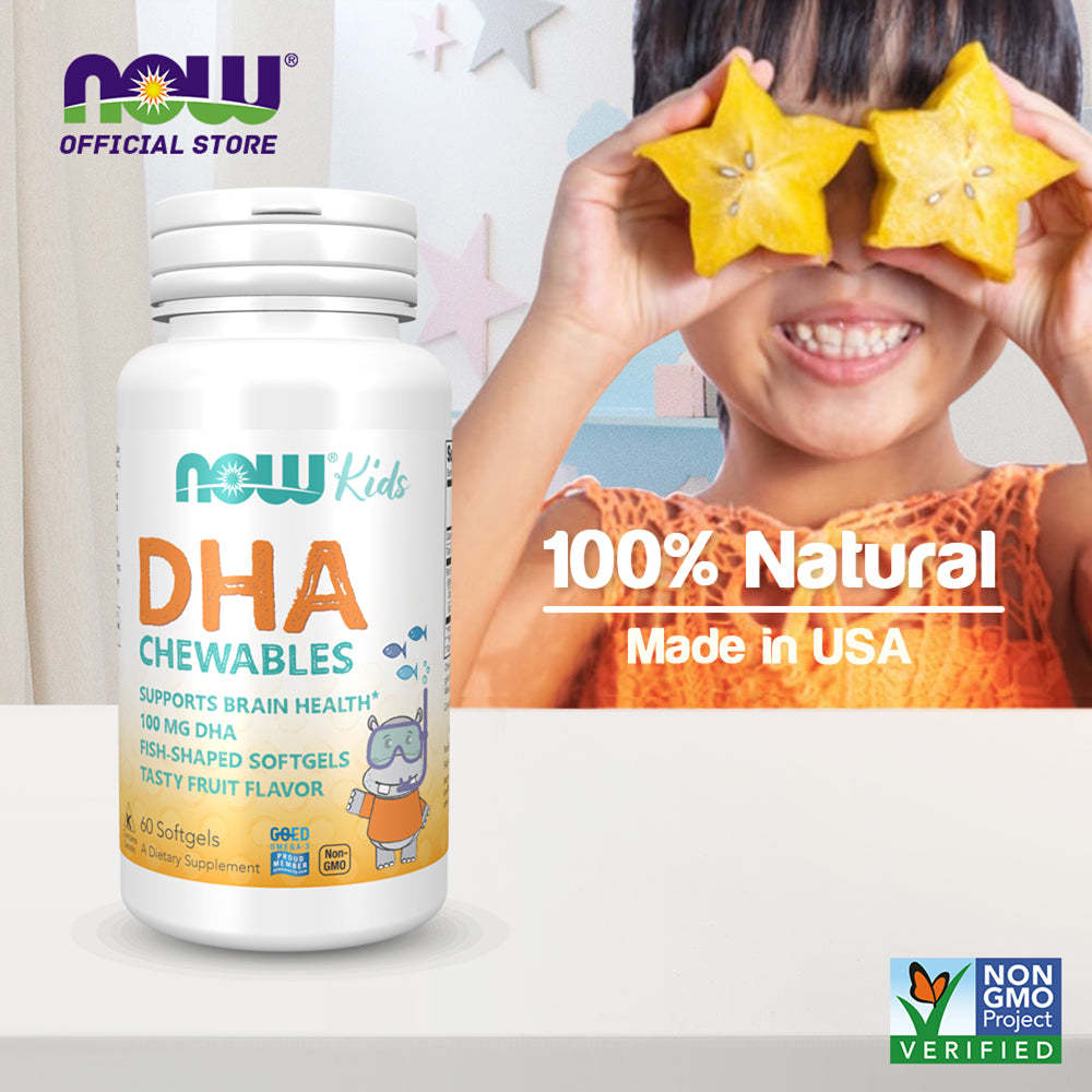 NOW Supplements, DHA Kids 100 mg, Supports Brain Health*, Fruit Flavor, 60 Chewable Softgels, (packaging may vary)-Best by 03/24 - Bloom Concept