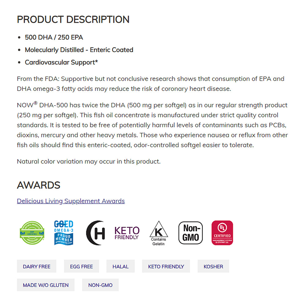 NOW Supplements, DHA-500 with 250 EPA, Molecularly Distilled, Supports Brain Health*, 90 Softgels - Bloom Concept