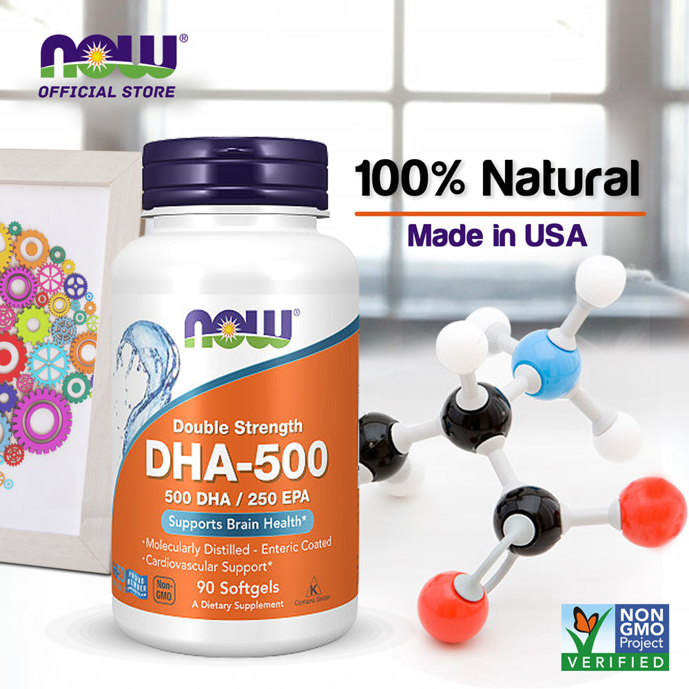NOW Supplements, DHA-500 with 250 EPA, Molecularly Distilled, Supports Brain Health*, 90 Softgels - Bloom Concept