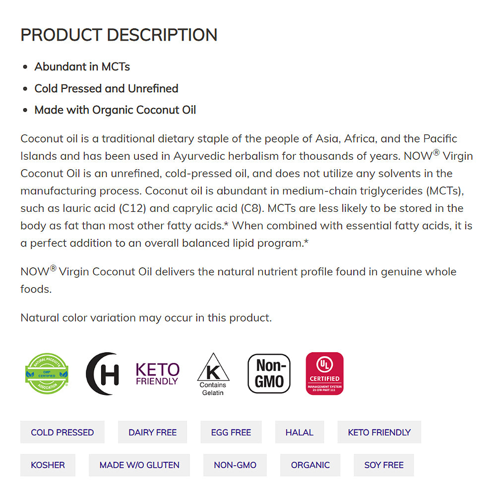 NOW Supplements, Virgin Coconut Oil 1000 mg, Cold Pressed and Unrefined, 120 Softgels - Bloom Concept