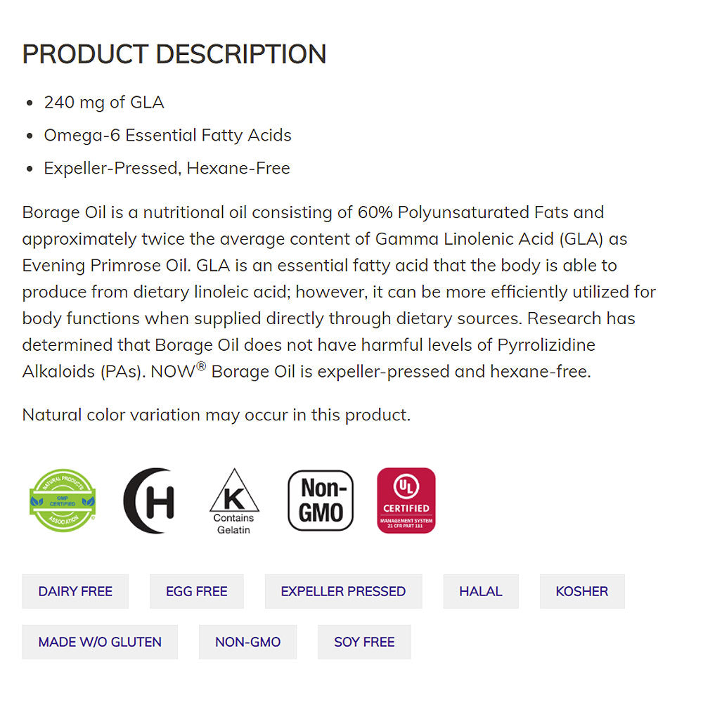 NOW Supplements, Borage Oil 1000 mg with 240mg of GLA (Gamma Linolenic Acid), 60 Softgels Vitamins & Supplements NOW Foods USA