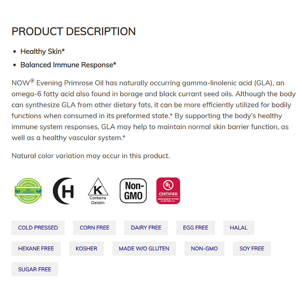 NOW FOODS Supplements, Evening Primrose Oil 500 mg with Naturally Occurring GLA (Gamma-Linolenic Acid), 100 Softgels Vitamins & Supplements NOW Foods USA