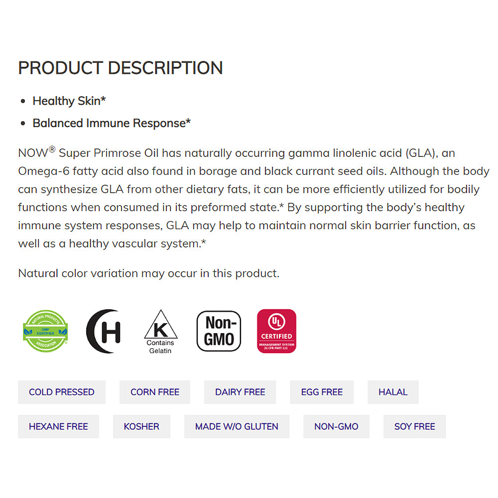 NOW Supplements, Super Primrose 1300 mg with Naturally Occurring GLA (Gamma-Linolenic Acid), 120 Softgels Vitamins & Supplements NOW Foods USA