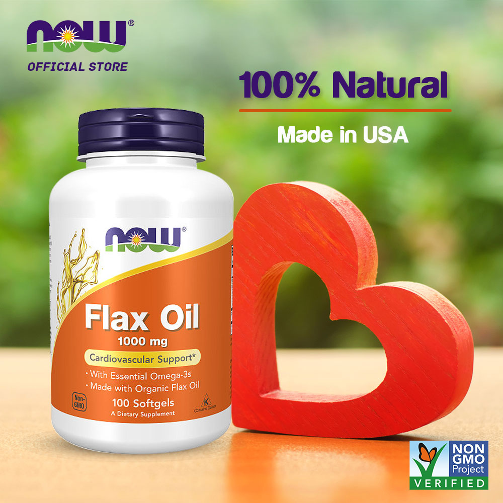 NOW Supplements, Flax Oil 1,000 mg made with Organic Flax Oil, Cardiovascular Support*, 100 Softgels - Bloom Concept