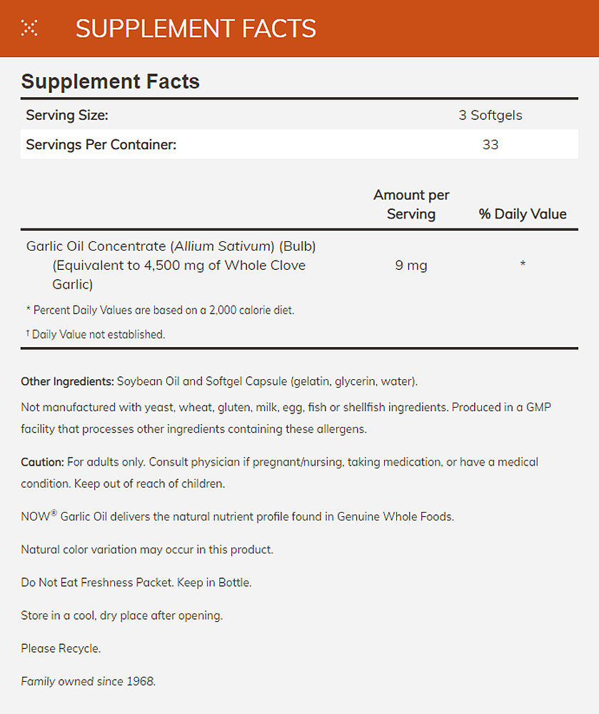 NOW Supplements, Garlic Oil 1500 mg, Serving Size Equivalent to Whole Clove Garlic, 100 Softgels Vitamins & Supplements NOW Foods USA