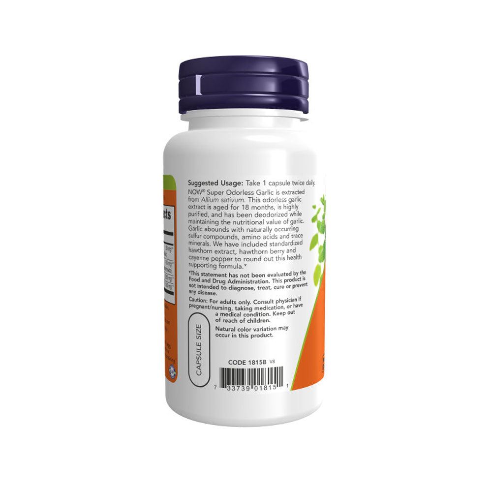 NOW Supplements, Super Odorless Garlic with Hawthorn Extract and Cayenne, 90 Veg Capsules - Bloom Concept