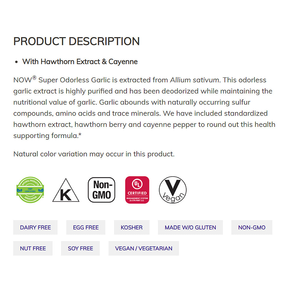 NOW Supplements, Super Odorless Garlic with Hawthorn Extract and Cayenne, 90 Veg Capsules - Bloom Concept