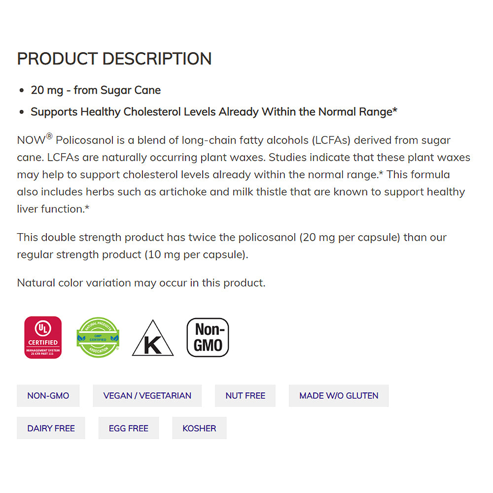 NOW Supplements, Policosanol 20 mg, Double Strength, Blend of Long-Chain Fatty alcohols (LCFAs) Derived from Sugar Cane, 90 Veg Capsules - Bloom Concept