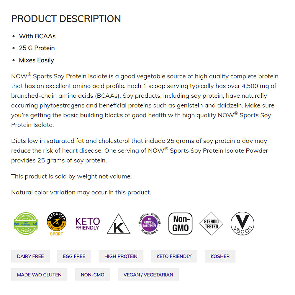 NOW Sports Nutrition, Soy Protein Isolate, 25 g With BCAAs, Creamy Chocolate Powder, 2-Pound (907g) - Bloom Concept