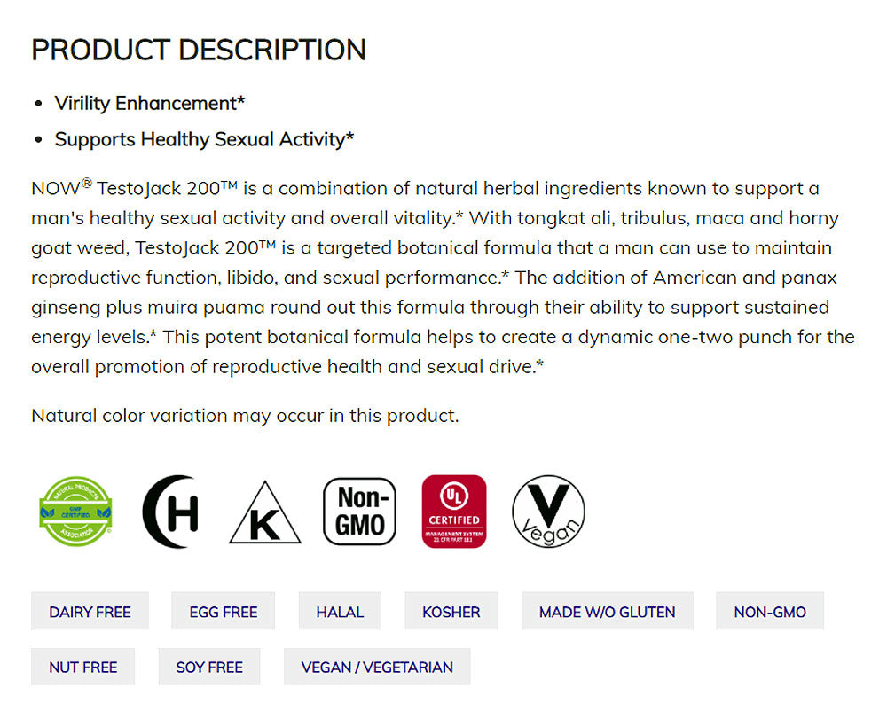 NOW Supplements, TestoJack 200 with Tongkat Ali, Tribulus, Maca and Horny Goat Weed, 60 Veg Capsules - Bloom Concept