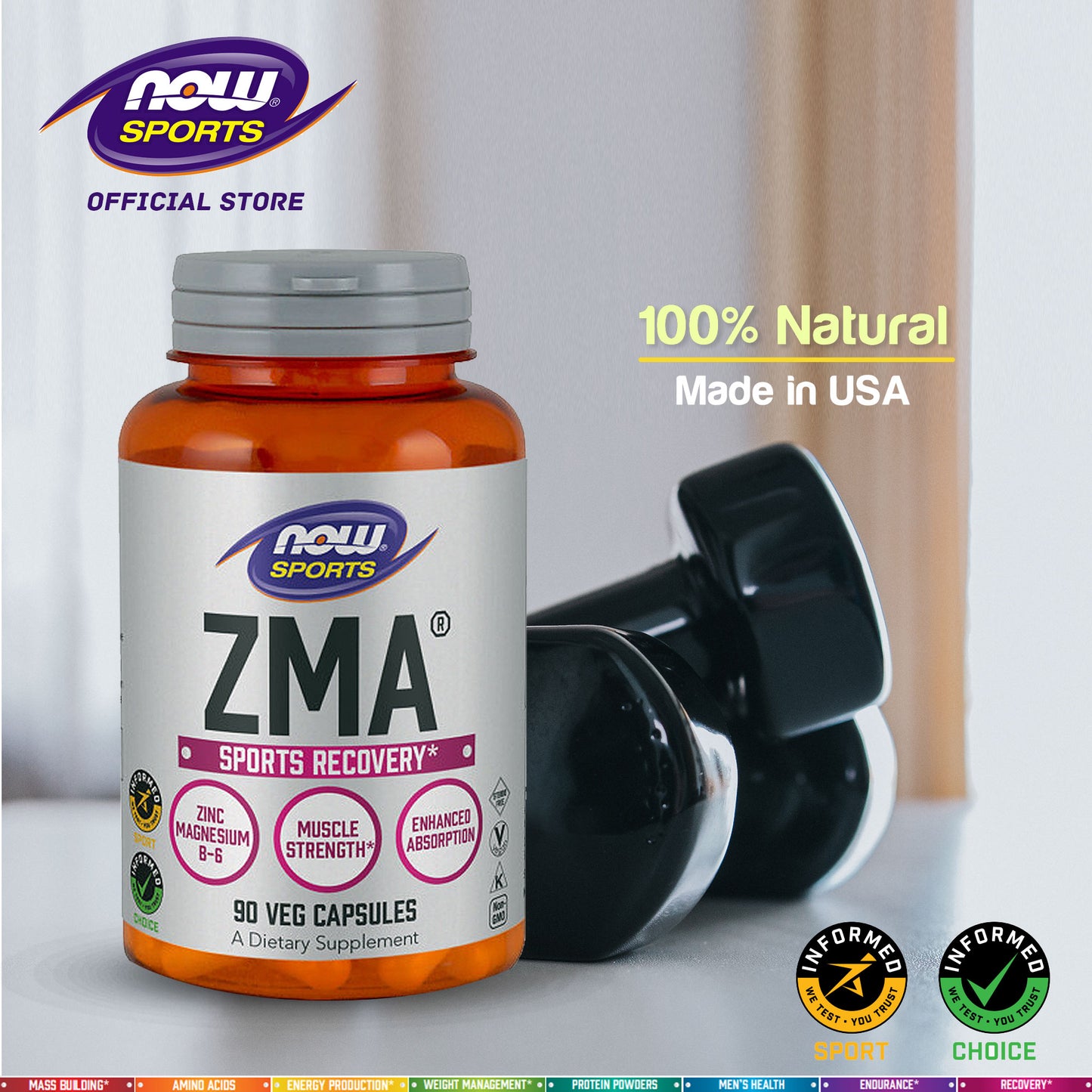 NOW Sports Nutrition, ZMA (Zinc, Magnesium and Vitamin B-6), Enhanced Absorption, Sports Recovery*, 90 Capsules - Bloom Concept