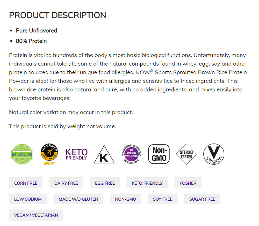 NOW Sports Nutrition, Sprouted Brown Rice Protein, 80% Protein, Unflavored Powder, 2-Pound (907 g) Vitamins & Supplements NOW Foods USA