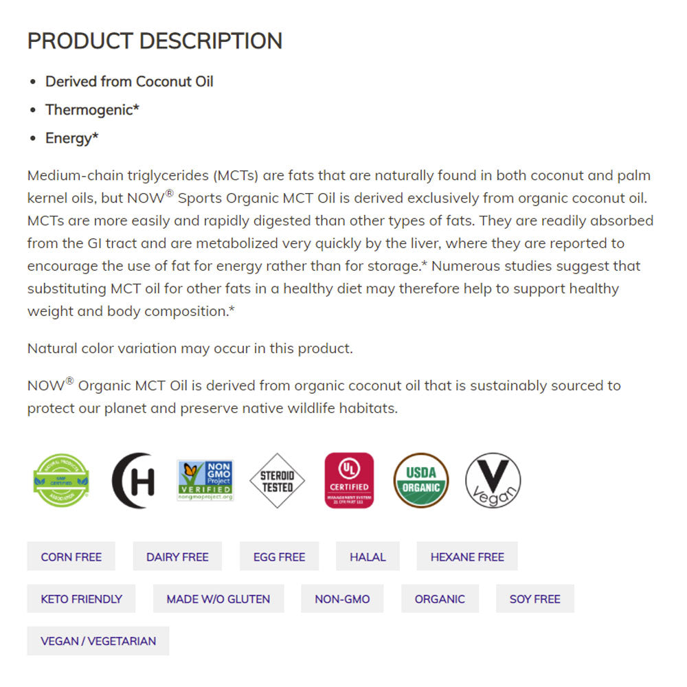 NOW Sports Nutrition, Organic MCT (Medium-chain triglycerides) Oil (in Plastic), 16-Ounce (473 ml) Vitamins & Supplements NOW Foods USA