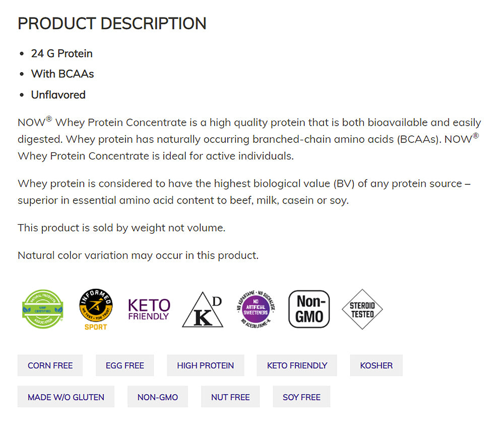 NOW Sports Nutrition, Whey Protein Concentrate, 24 g With BCAAs, Unflavored Powder, 1.5-Pound (680 g) - Bloom Concept