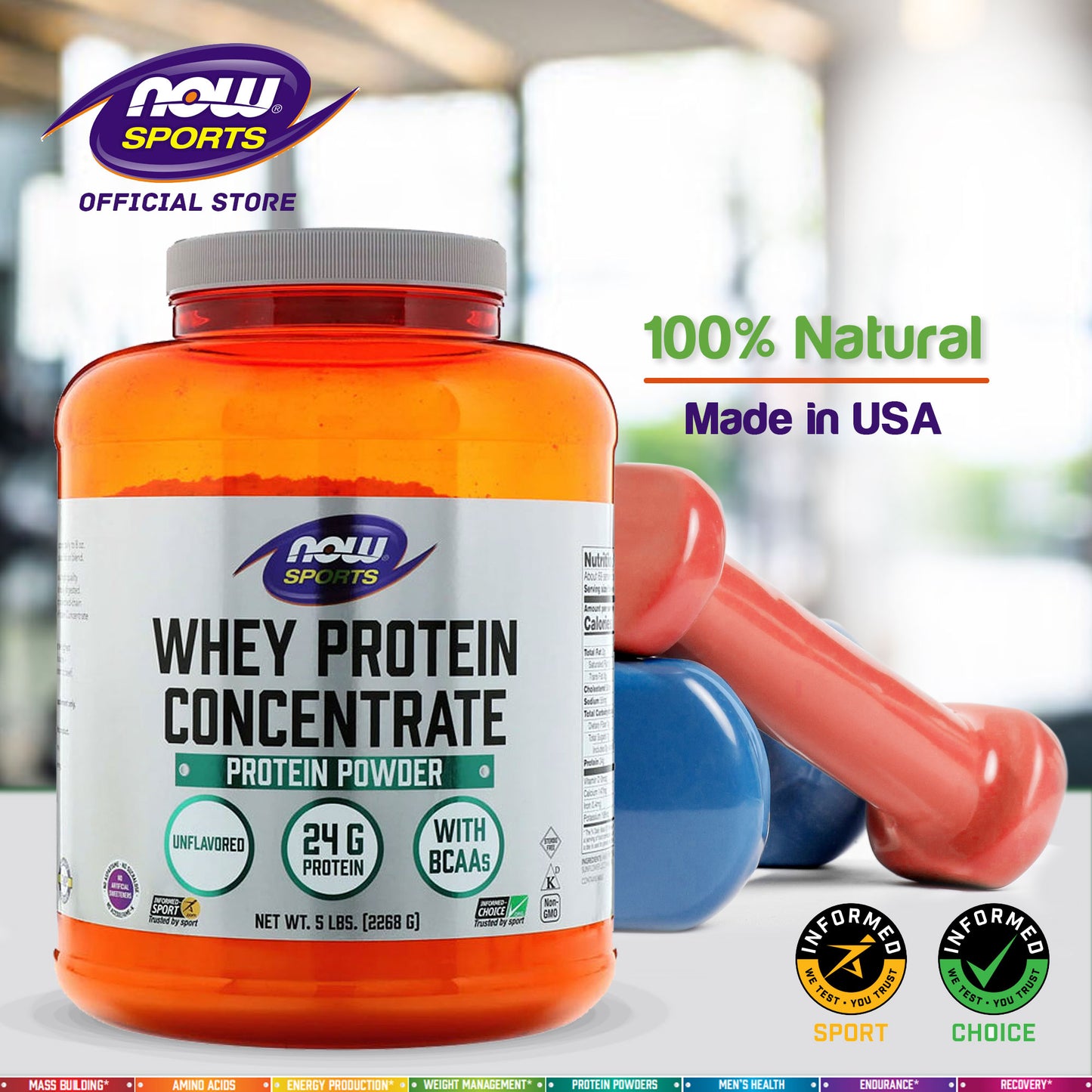 NOW Sports Nutrition, Whey Protein Concentrate, 24 G With BCAAs, Unflavored Powder, 5-Pound (2268 g) - Bloom Concept