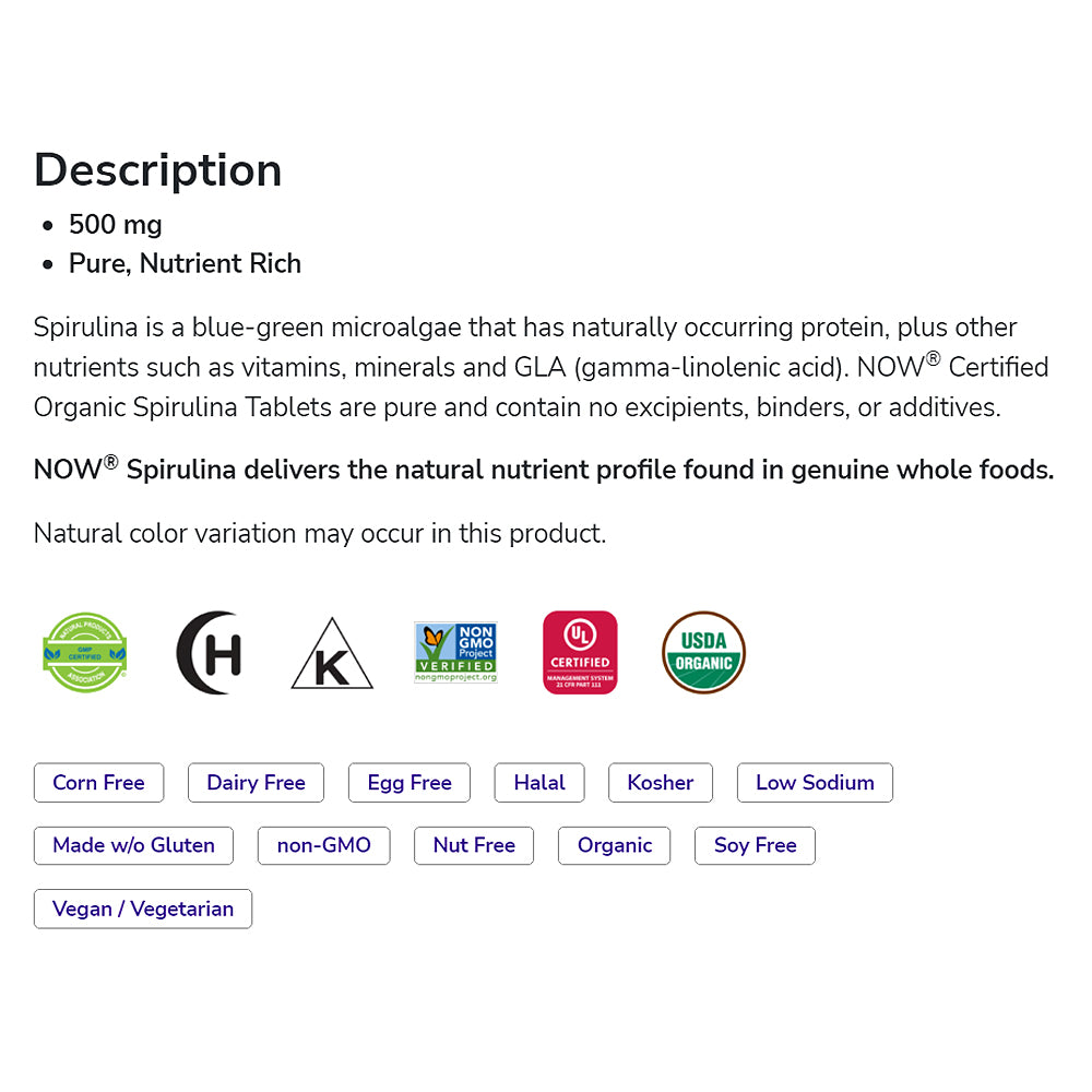 (30% OFF) NOW Supplements, Organic Spirulina 500 mg with Vitamins, Minerals and GLA (Gamma-Linolenic Acid), 500 Tablets--Best by 02/24 - Bloom Concept