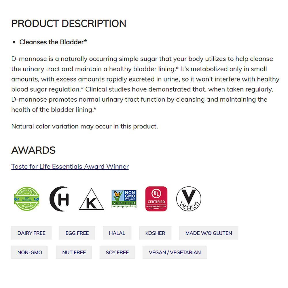 NOW Supplements, D-Mannose 500 mg, Non-GMO Project Verified, Healthy Urinary Tract*, 120 Veg Capsules - Bloom Concept