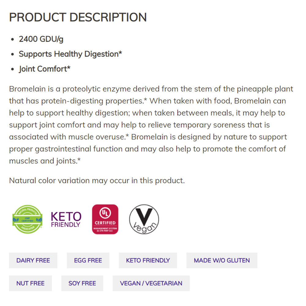 NOW Supplements, Bromelain (Natural Proteolytic Enzyme) 2,400 GDU/g - 500 mg, Natural Proteolytic Enzyme*, 60 Veg Capsules - Bloom Concept