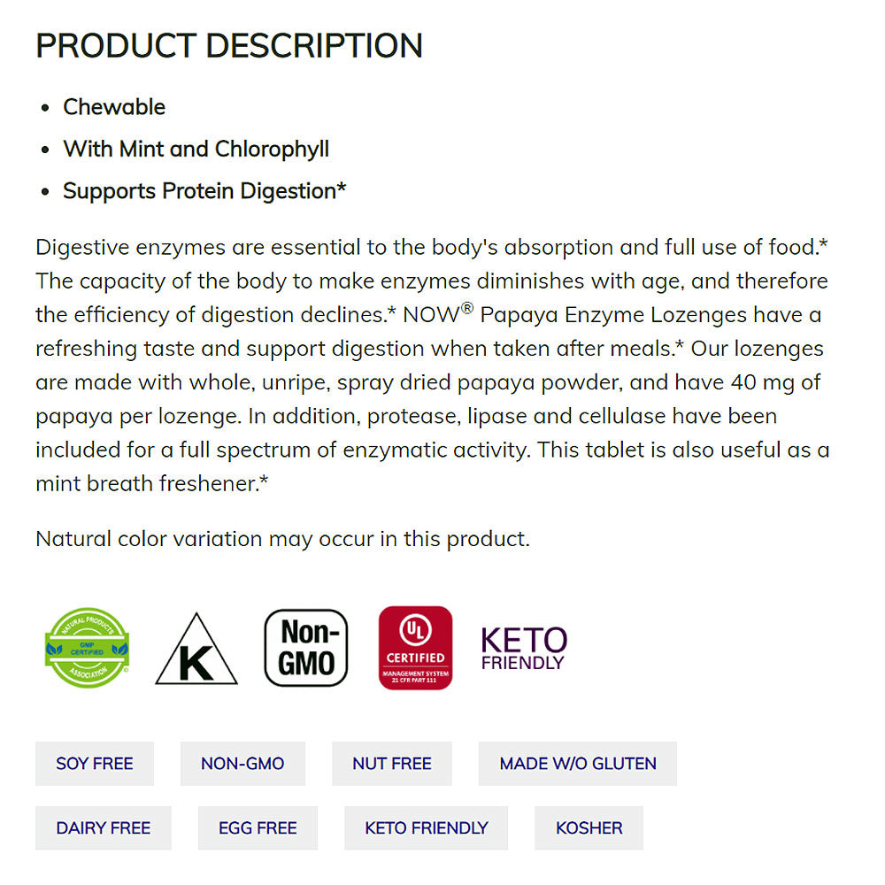 NOW Supplements, Papaya Enzyme with Mint and Chlorophyll, Digestive Support*, 180 Chewable Lozenges - Bloom Concept