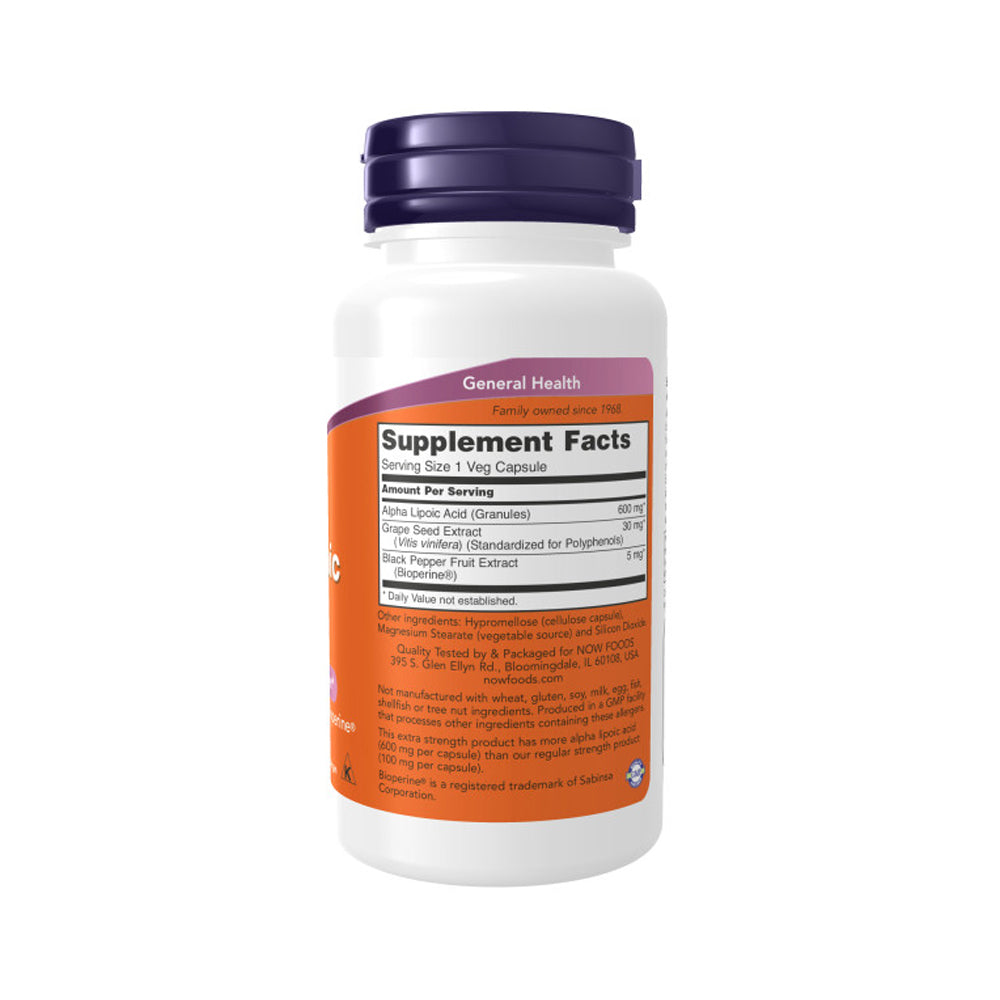 NOW Supplements, Alpha Lipoic Acid 600 mg with Grape Seed Extract & Bioperine, Extra Strength, 60 Veg Capsules - Bloom Concept