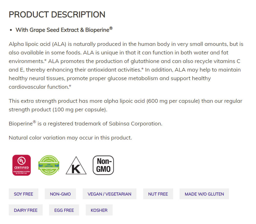 NOW Supplements, Alpha Lipoic Acid 600 mg with Grape Seed Extract & Bioperine, Extra Strength, 60 Veg Capsules - Bloom Concept