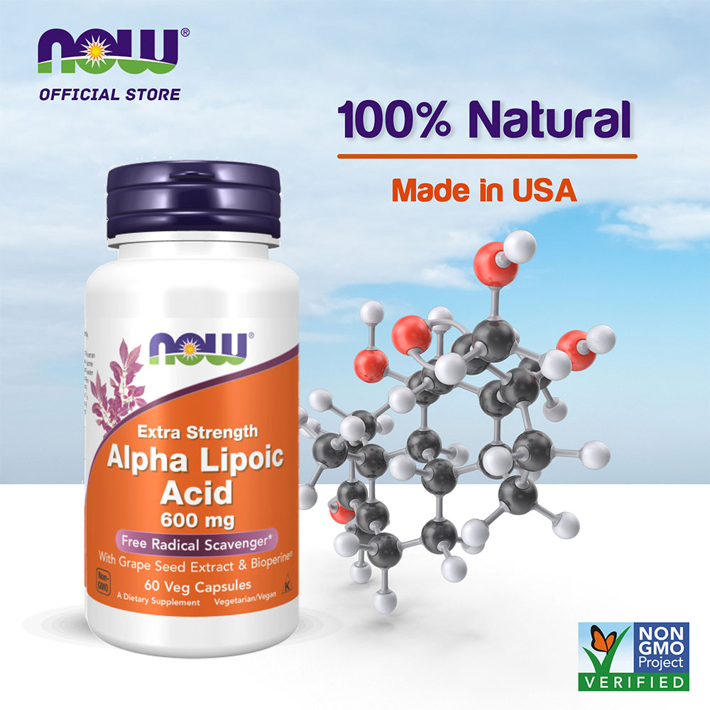 NOW Supplements, Alpha Lipoic Acid 600 mg with Grape Seed Extract & Bioperine, Extra Strength, 60 Veg Capsules - Bloom Concept