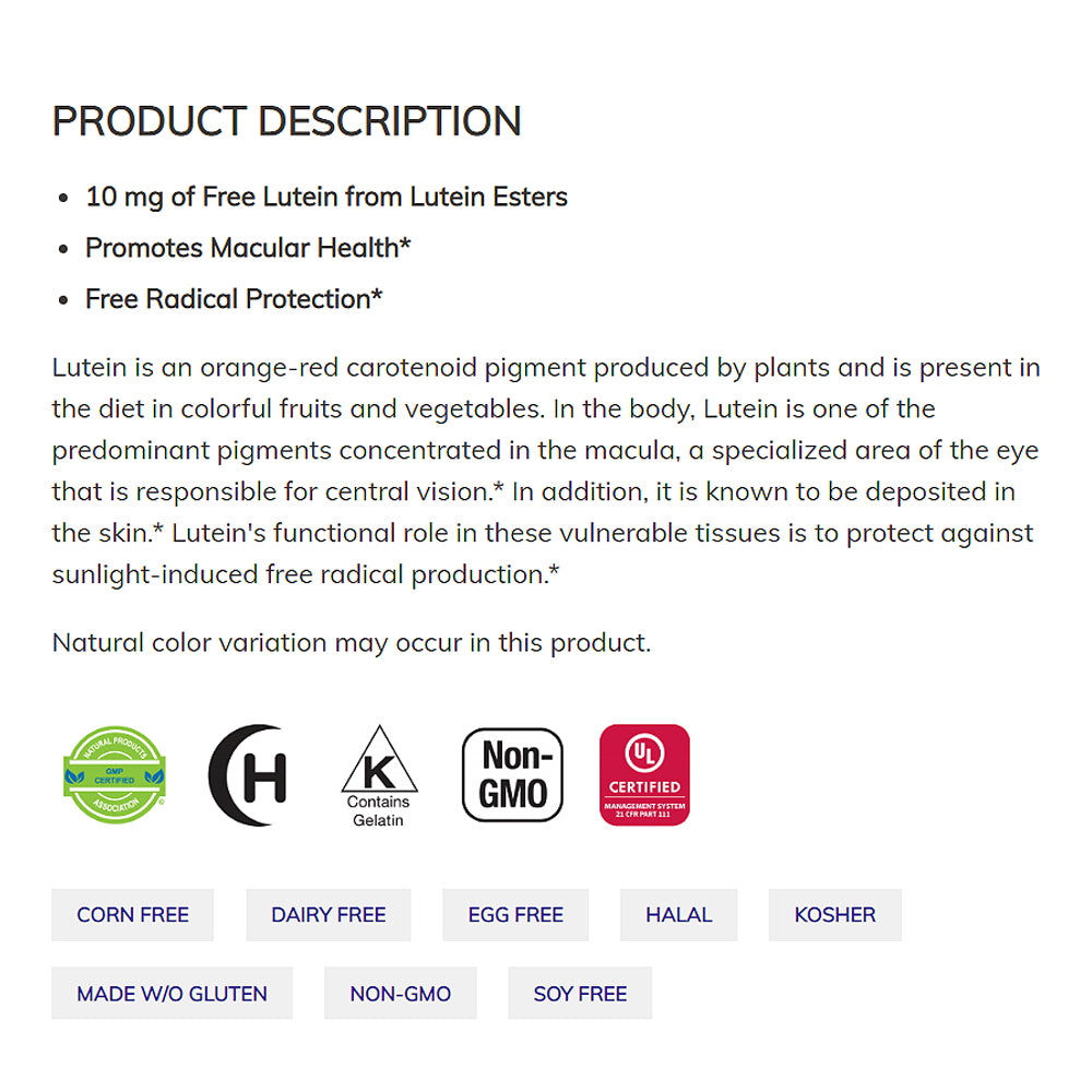NOW Supplements, Lutein 10 mg with 10 mg of Free Lutein from Lutein Esters, 120 Softgels - Bloom Concept