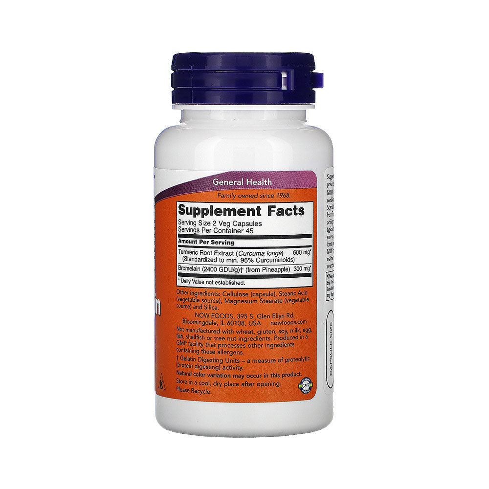 NOW Supplements, Turmeric & Bromelain (Standardized Turmeric Extract) with Bromelain 2400 GDU/g, 90 Veg Capsules - Bloom Concept