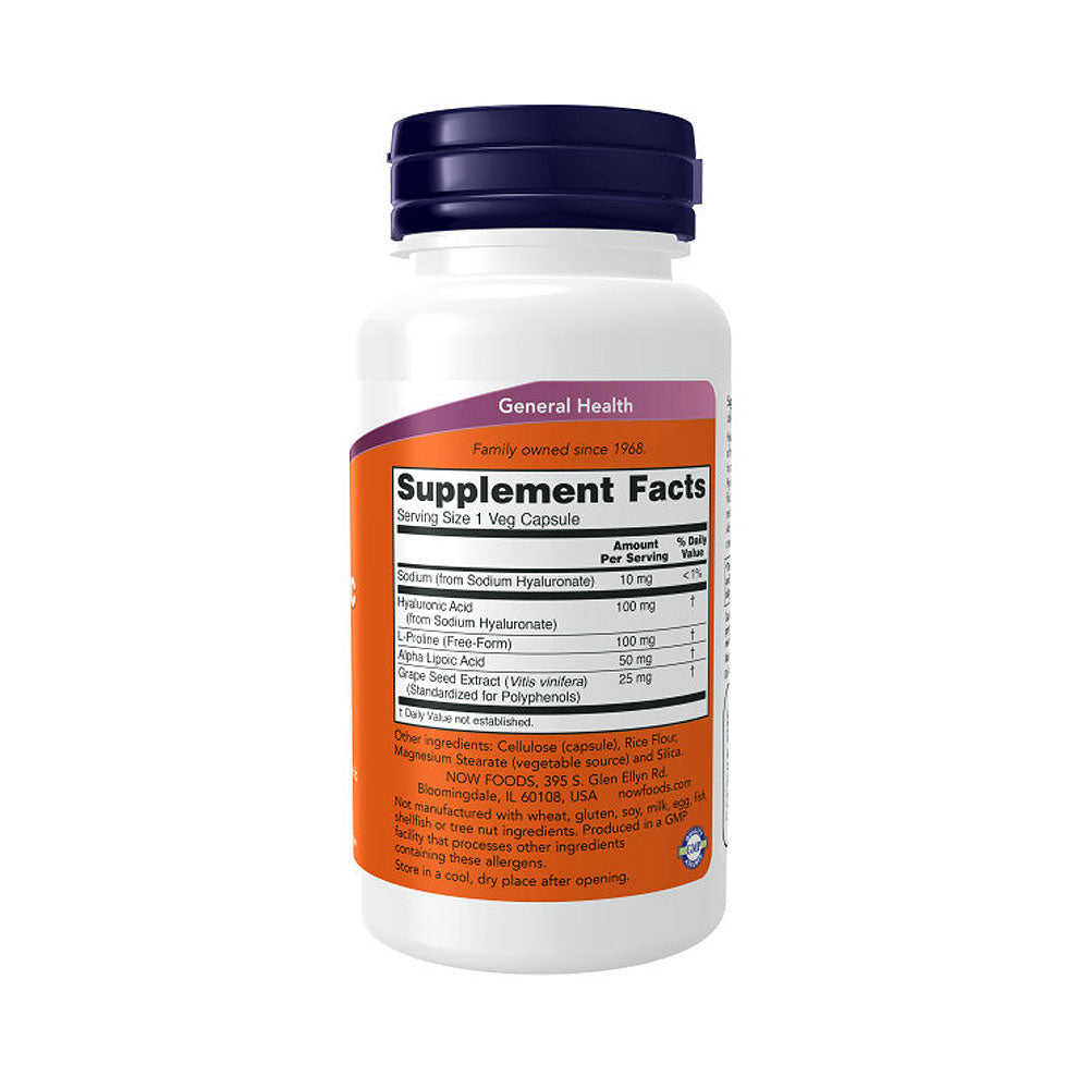 NOW Supplements, Hyaluronic Acid 100 mg, Double Strength with L-Proline, Alpha Lipoic Acid and Grape Seed Extract, 60 Veg Capsules Vitamins & Supplements NOW Foods USA