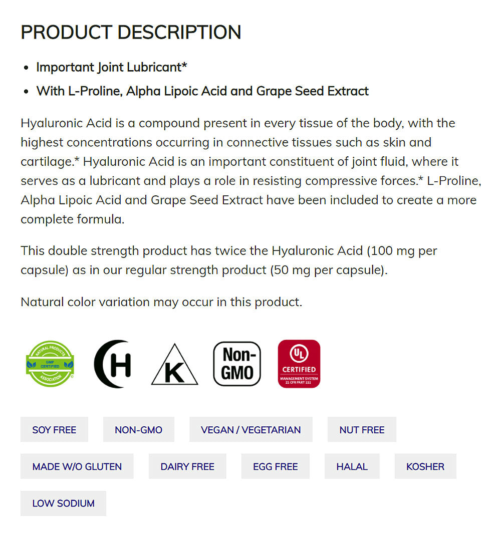 NOW Supplements, Hyaluronic Acid 100 mg, Double Strength with L-Proline, Alpha Lipoic Acid and Grape Seed Extract, 60 Veg Capsules - Bloom Concept