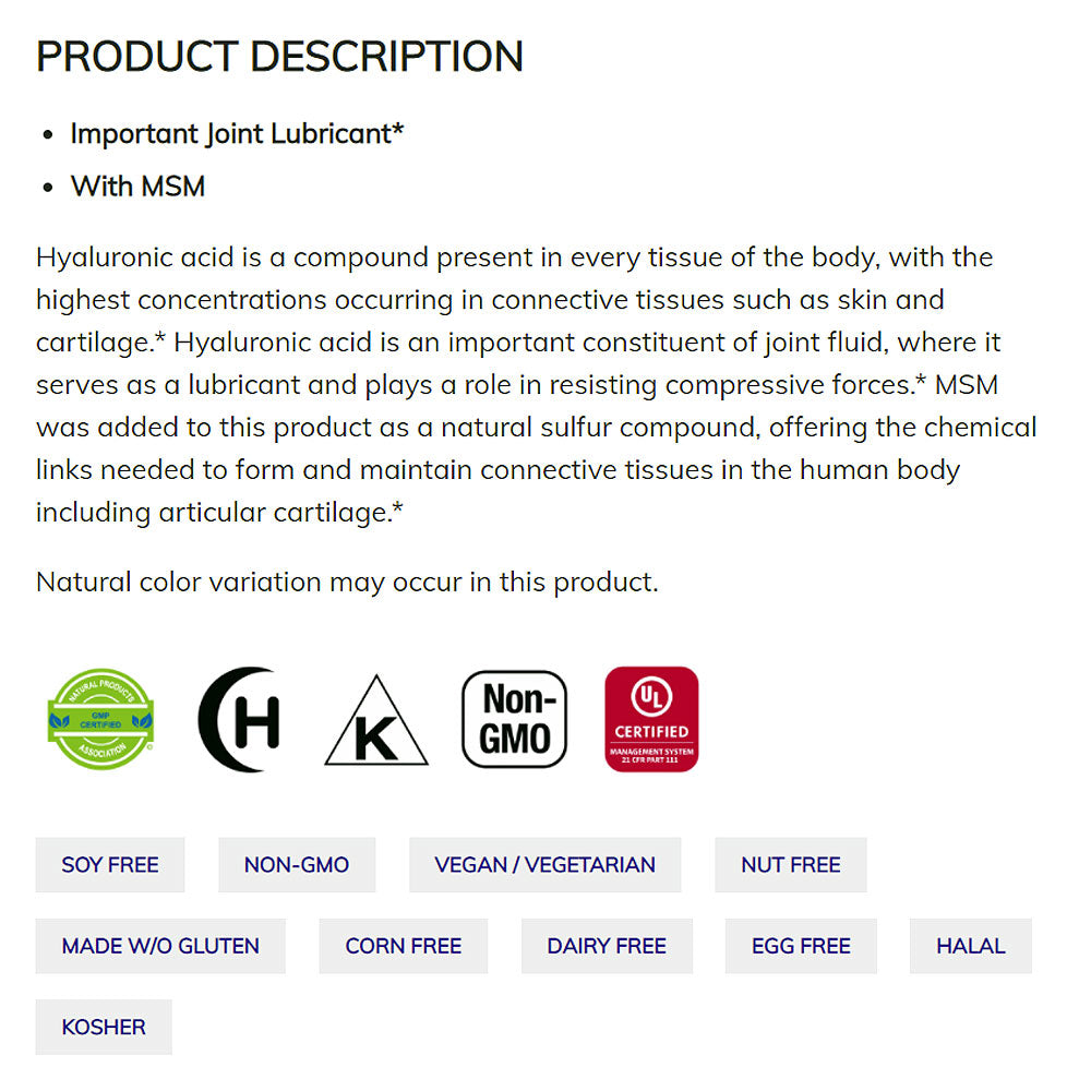 NOW Supplements, Hyaluronic Acid 50 mg with MSM, Joint Support*, 60 Veg Capsules Vitamins & Supplements NOW Foods USA