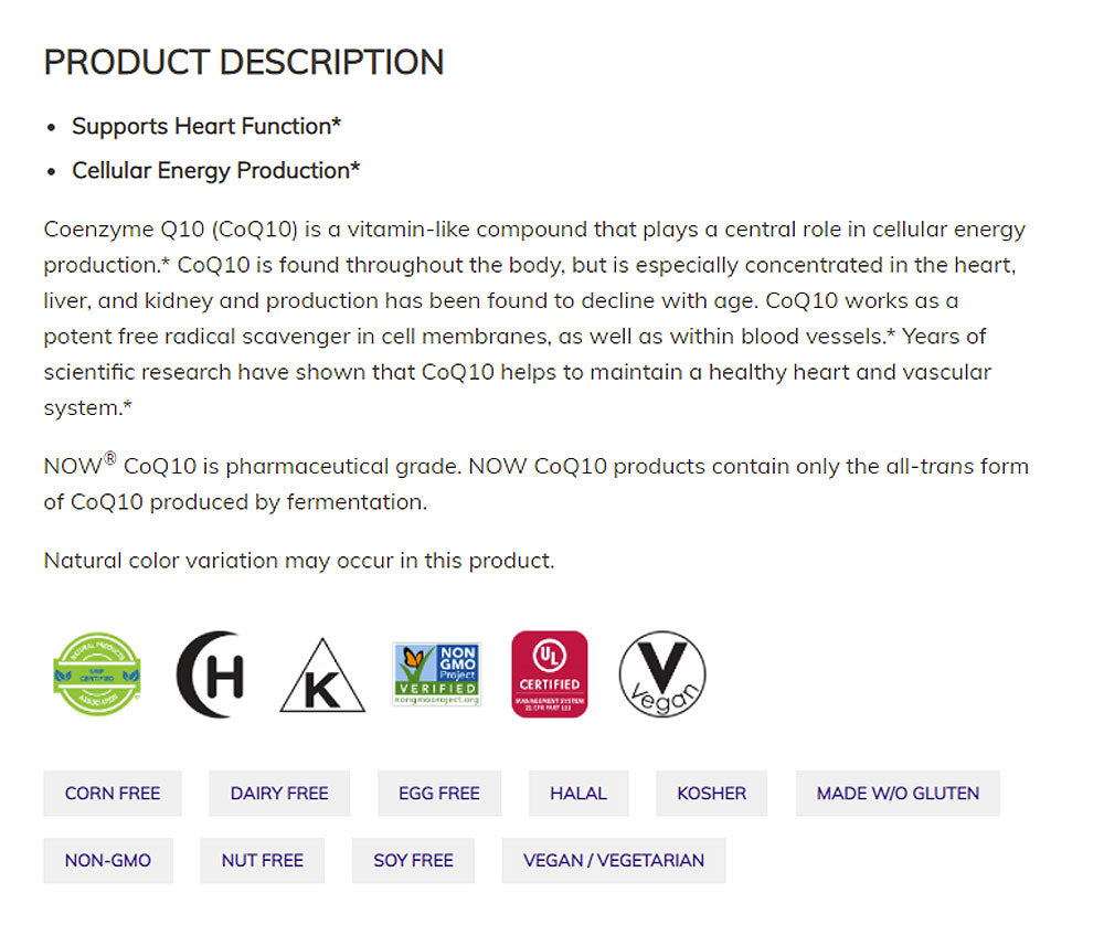 NOW Supplements, CoQ10 30 mg, Pharmaceutical Grade, All-Trans Form produced by Fermentation, 60 Veg Capsules - Bloom Concept