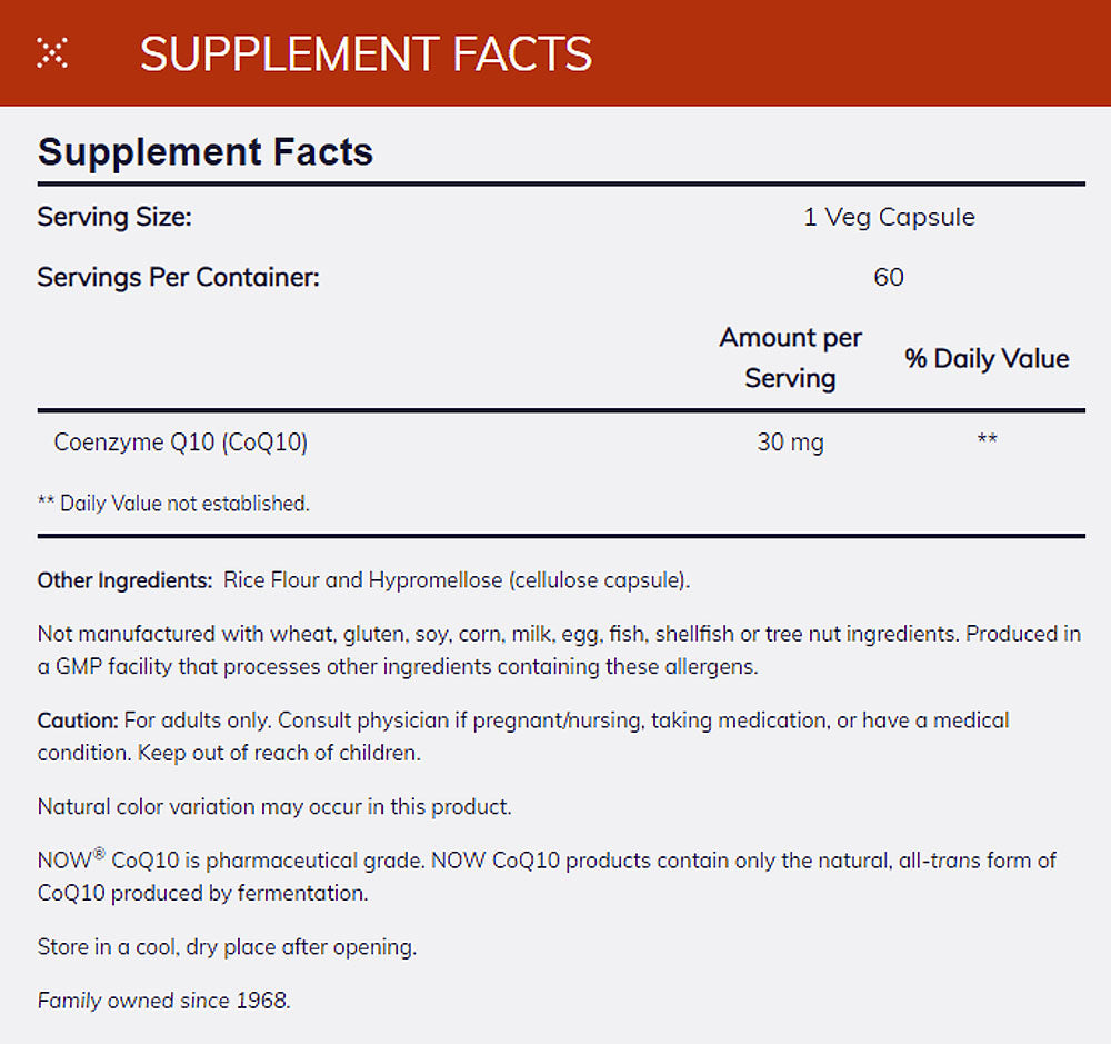 NOW Supplements, CoQ10 30 mg, Pharmaceutical Grade, All-Trans Form produced by Fermentation, 60 Veg Capsules - Bloom Concept