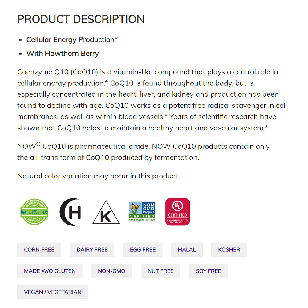 NOW Supplements, CoQ10 100 mg with Hawthorn Berry, Pharmaceutical Grade, All-Trans Form produced by Fermentation, 30 Veg Capsules Vitamins & Supplements NOW Foods USA