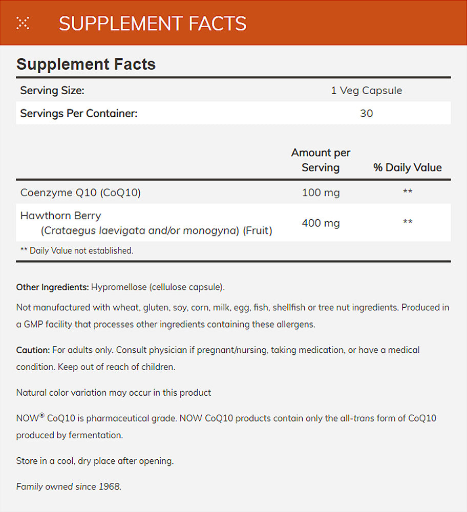 NOW Supplements, CoQ10 100 mg with Hawthorn Berry, Pharmaceutical Grade, All-Trans Form produced by Fermentation, 30 Veg Capsules Vitamins & Supplements NOW Foods USA