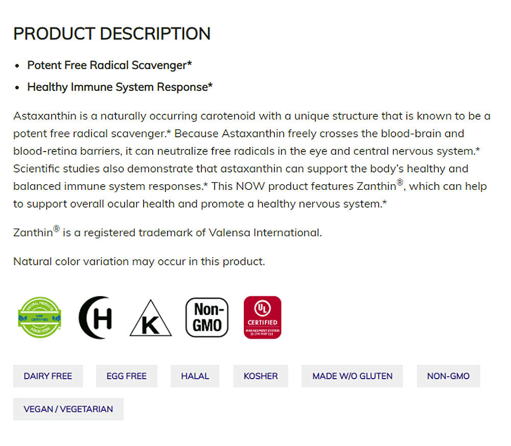 NOW Supplements, Astaxanthin 4 mg, features Zanthin, Supports Eye Health*, 60 Veg Softgels - Bloom Concept