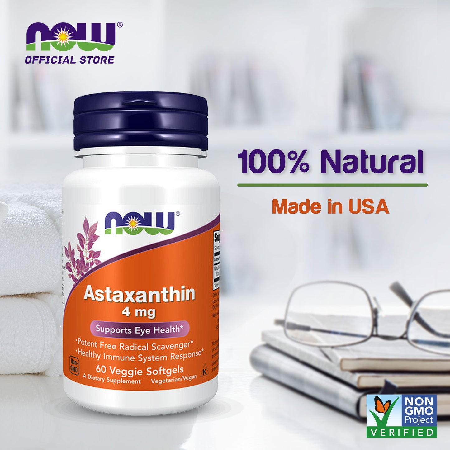 NOW Supplements, Astaxanthin 4 mg, features Zanthin, Supports Eye Health*, 60 Veg Softgels - Bloom Concept