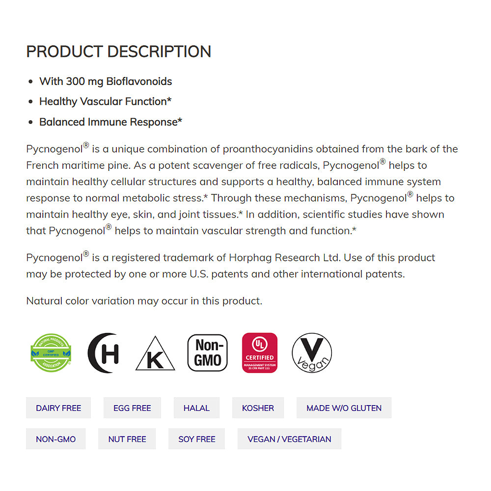 NOW Supplements, Pycnogenol 30 mg (a Unique Combination of Proanthocyanidins from French Maritime Pine) with 300 mg Bioflavonoids, 60 Veg Capsules - Bloom Concept