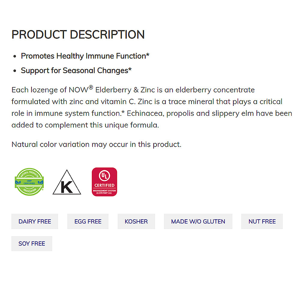 NOW Supplements, Elderberry & Zinc (Elderberry Concentrate with Zinc and Vitamin C, plus Echinacea, Propolis and Slippery Elm), 90 Lozenges - Bloom Concept