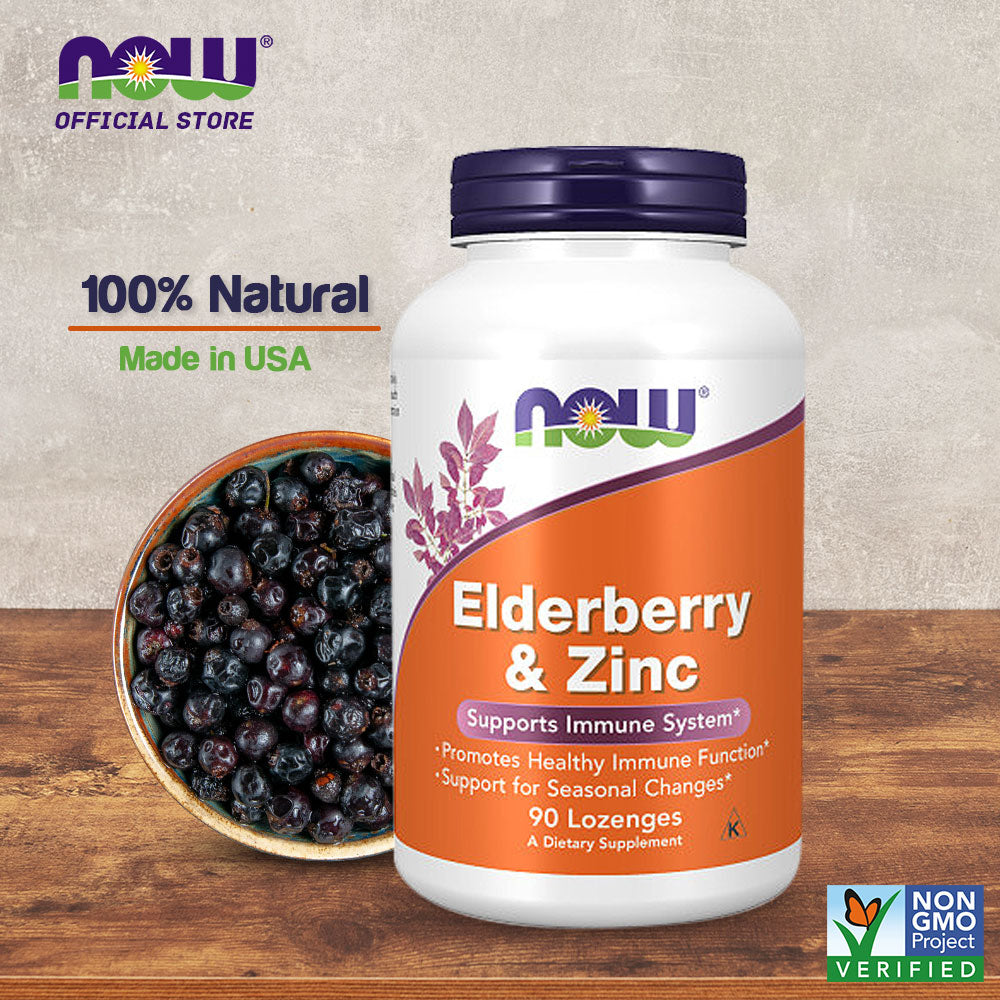 NOW Supplements, Elderberry & Zinc (Elderberry Concentrate with Zinc and Vitamin C, plus Echinacea, Propolis and Slippery Elm), 90 Lozenges - Bloom Concept